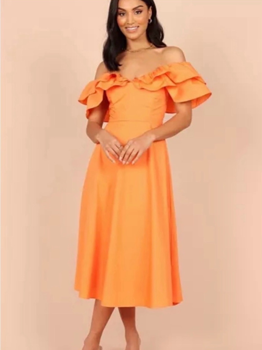 Petal & Pup One-Shoulder Ruffle Midi Dress in Orange